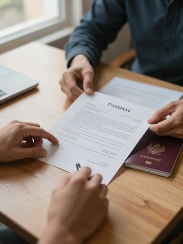 Close-up wide shot: student hands on a dining table holding an offer letter alongside a passport, a parent's hands visible resting near the edge, warm afternoon window light from the left, papers and a pen in the frame, candid and intimate
