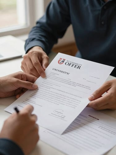 Close-up of a student's hands and a parent's hands both resting on a dining table, holding printed university offer letters and a handwritten notes page, warm natural window light from the left, candid and unretouched, no faces visible