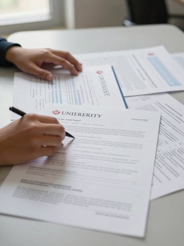 Wide environmental shot from the left edge: a student's hands spread across a desk covered in printed university offer letters and a Canadian study permit application form, natural Delhi window light falling across the papers from the left, shallow depth of field, documentary warmth, no faces visible