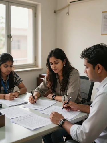 Wide environmental shot inside a modest Delhi advisory office, natural daylight from a side window — Shalu Saini seated across a table from a student and parent, all three leaning over a spread of university application documents, candid mid-conversation, warm afternoon light, unretouched