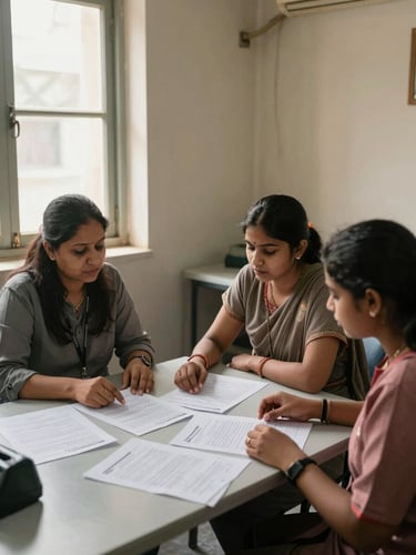 Wide environmental shot inside a modest Delhi office, warm natural daylight from a window on the left — a woman counsellor seated across a low table from a student and her mother, all three looking at a spread of printed university documents, hands resting on papers, faces in candid concentration, no studio lighting, documentary warmth