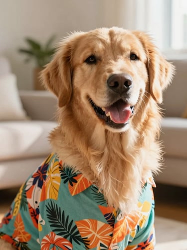 Candid eye-level portrait of a happy golden retriever wearing a colorful tropical shirt in a sunny living room, warm natural light, shallow depth of field