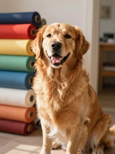 Warm golden-hour photo of a happy golden retriever sitting indoors next to rolls of colorful cotton fabrics, soft natural daylight, 35mm photography