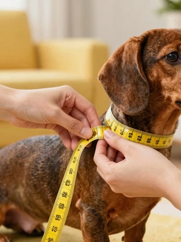 Close-up of hands gently measuring a dachshund's chest with a soft yellow tailor tape, sunny warm living room, 35mm photography