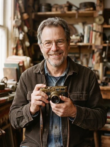 Close-up of Bill, a friendly middle-aged picker with glasses, holding a vintage brass camera, warm natural window light, neutral wooden background, 35mm lens