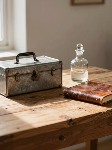 A rustic wooden table covered in vintage finds: a retro steel toolbox, a glass apothecary jar, and an old leather-bound journal, soft morning light casting long shadows
