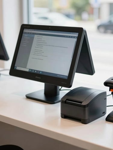 Straight-on product shot of a clean retail counter with a modern touchscreen computer, a Zebra label printer, a thermal ticket printer, and a barcode scanner, bright natural daylight.