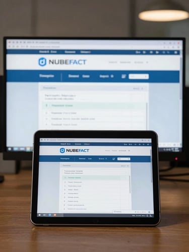 Vista frontal de dos pantallas: una tablet mostrando la interfaz web de NUBEFACT Cloud y un monitor industrial mostrando la base de datos local de NUBEFACT Enterprise con transacciones en dólares.