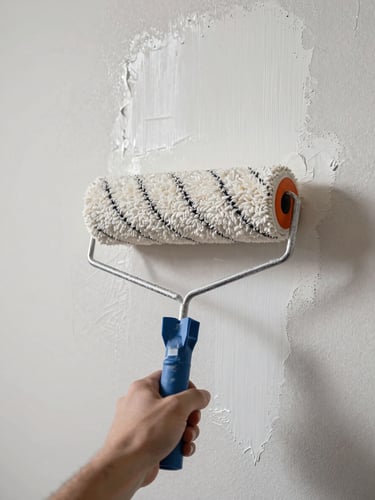 Overhead close-up of a paint roller mid-stroke on a freshly plastered wall, soft diffused daylight from above, fresh white paint revealing clean stucco texture underneath, no people visible