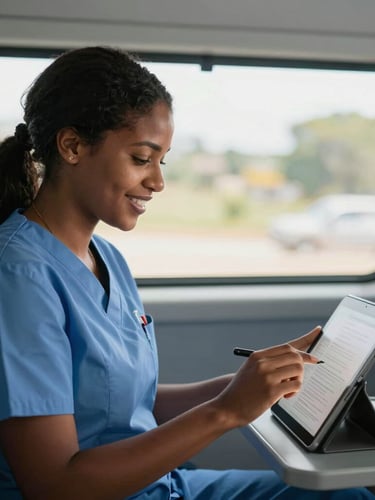 Une professionnelle de santé haïtienne souriante utilise une tablette numérique dans une clinique mobile lumineuse.