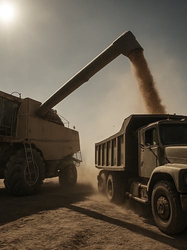 Low-angle wide shot of a massive industrial grain harvester loading a heavy transport truck under harsh midday sun, dust motes catching high-contrast light.