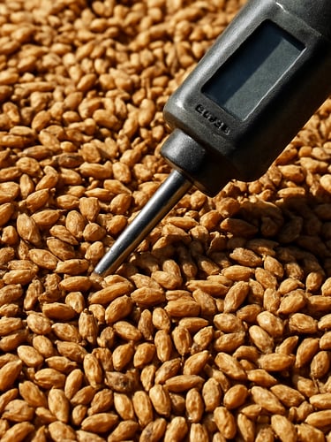 Extreme macro shot of raw golden wheat seeds being tested for moisture, harsh natural sunlight, high physical texture.