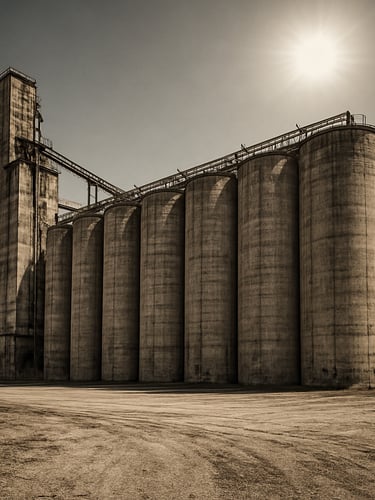 Wide-angle gritty industrial photography of massive grain silos under harsh midday sun, high contrast, desaturated earth tones.