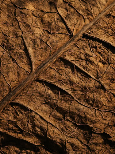 Extreme macro shot of a single cured tobacco leaf, showcasing deep golden-brown textures, prominent veins, and dry physical structure under harsh morning light.