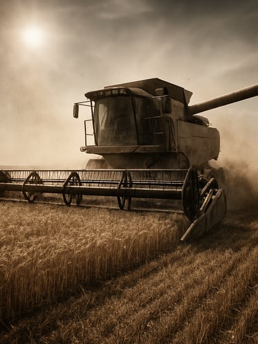 Industrial harvesting equipment operating in a wide cereal field, dust kicking up in the harsh natural sunlight, gritty high-contrast photography.