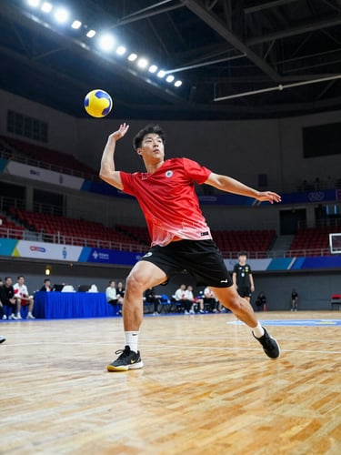 Dynamic low-angle action shot of a dodgeball player mid-throw in an intense indoor sports arena, high-contrast spotlighting, motion blur on the ball