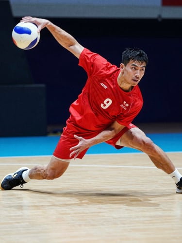 Dynamic low-angle action shot of a dodgeball player mid-throw in a high-contrast indoor sports arena. Saturated colors, sharp focus on the intense facial expression, motion blur on the textured ball, dramatic shadows, 85mm lens, shallow depth of field.