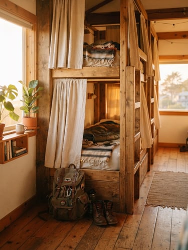 Warm sunlit interior of a cozy hostel dorm, golden hour light, privacy curtains drawn on wooden bunk beds, canvas backpack on the floor, 35mm film style.