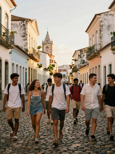 Candid wide shot of a small group of young travelers walking through colorful, sunlit colonial streets of Salvador, warm golden hour light, laughing, authentic local vibe, warm editorial photography, 35mm film style.