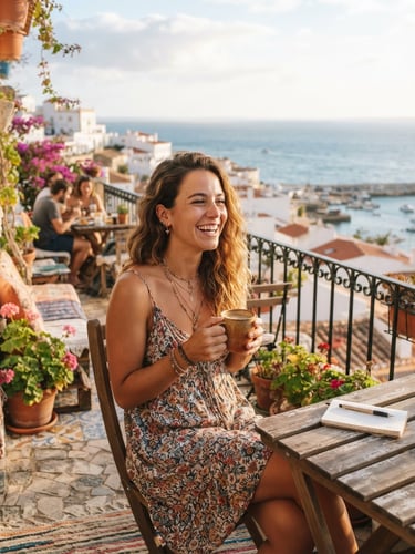 Uma jovem viajante sorridente sentada na varanda ensolarada do hostel, segurando uma xícara de café, luz dourada da manhã, atmosfera acolhedora e brisa do mar.