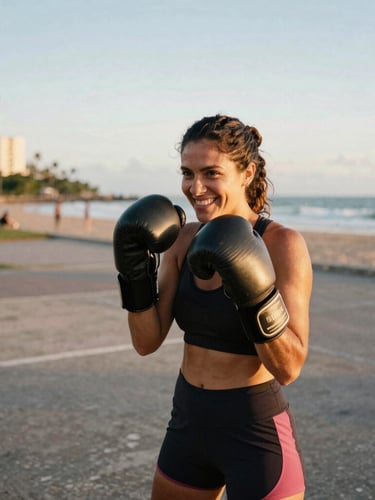 A woman trainer with boxing gloves smiling warmly in an open-air coastal space, golden hour light, authentic Bahian background, 35mm film style.