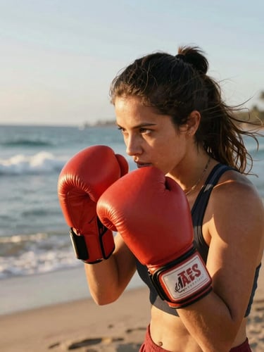 A woman practicing boxing outdoors with focus, warm golden hour sunlight reflecting off her gloves, sea breeze in her hair, coastal Salvador background, warm editorial photography, 35mm film style.