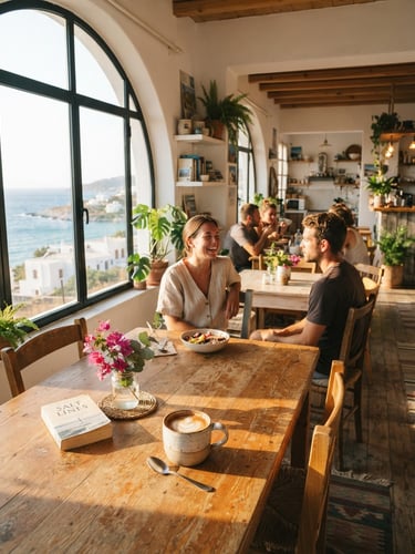 Warm sun-drenched coastal hostel interior, a wooden dining table with fresh coffee, natural daylight pouring through large windows, 35mm film style