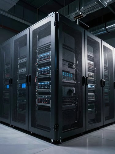 Wide geometric architectural shot of a cold-storage server facility, low-key high-contrast cool-toned studio lighting, sharp terminal-screen reflections on metal surfaces, no people.