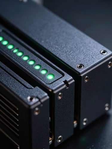Extreme macro close-up of high-performance server hardware components, deep slate and obsidian tones with sharp green telemetry indicator lights