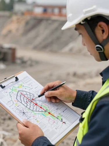 Close-up of a mining engineer pointing at a technical safety map on a clipboard, wearing a white helmet and reflective vest, dusty outdoor daylight, realistic industrial setting