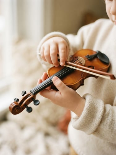 Close-up of small child hands holding a tiny 1/16 size wooden violin, warm natural window light, soft cream background, shallow depth of field