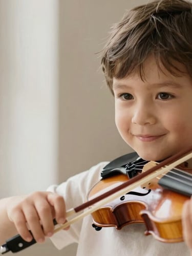 A young boy smiling while practicing a violin during a music lesson near a bright window.