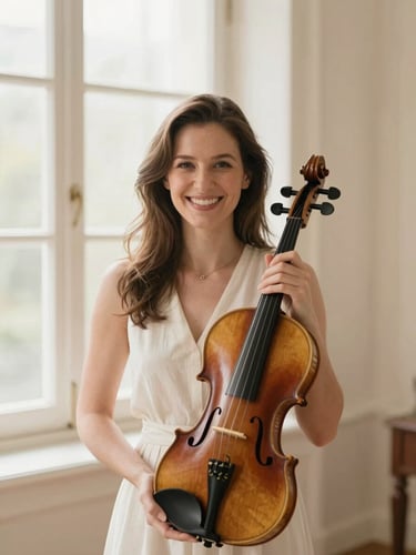 Candid portrait of a warm and smiling female violin instructor holding a violin, soft natural window light, elegant cream background, 35mm