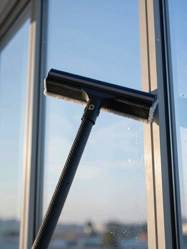 Close-up of specialized water-fed carbon fiber pole cleaning a modern window pane, crisp morning light, water droplets reflecting the sky, sharp focus
