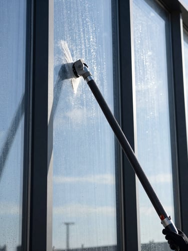 Close-up architectural photograph of a technician using a water-fed carbon fiber pole to clean a large modern window, sparkling water droplets on clean glass, bright morning sun, 35mm