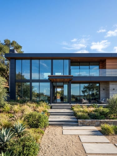 Bright architectural wide shot of a modern home facade with large glass panels reflecting clean blue sky, morning daylight, sharp focus, 35mm