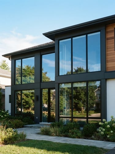 A beautiful modern suburban home bathed in crisp morning daylight, focusing on sparkling clean architectural glass windows reflecting a clear blue sky, 35mm
