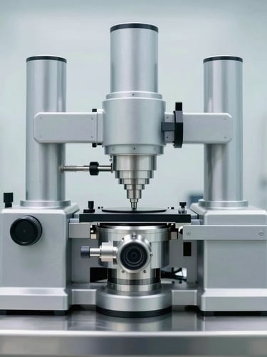Close-up of a precision calibration instrument on a stainless steel surface in a sterile cleanroom, bright clinical lighting, cool metallic tones, sharp focus, architectural symmetry, 35mm