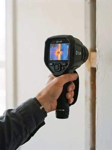 A close-up of a technician's hand holding a high-tech thermal imaging camera showing temperature differentials on a wall, bright natural daylight, technical tones, sharp documentary photography.