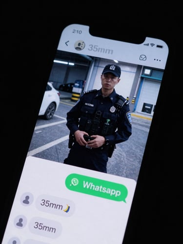 Close-up of a smartphone screen glowing in a dark room, displaying a WhatsApp chat with a 30-second video of a security guard on duty, cool low-light tones, 35mm.