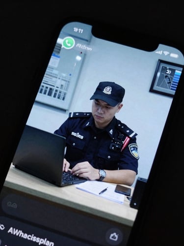 Tight shot of a smartphone screen glowing in a dark room, displaying a WhatsApp video message of a security guard at a desk, cool low-light tones, 35mm