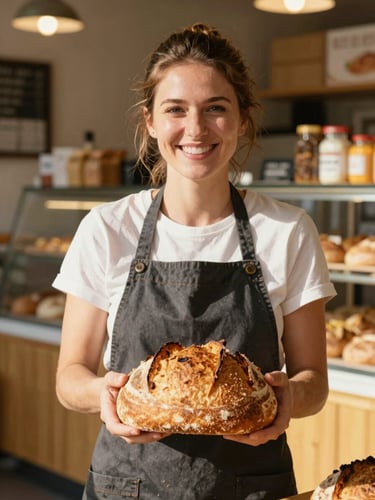 Portrait of a smiling local bakery owner in her shop, warm golden hour light, hands holding a fresh loaf of sourdough bread, 35mm lens