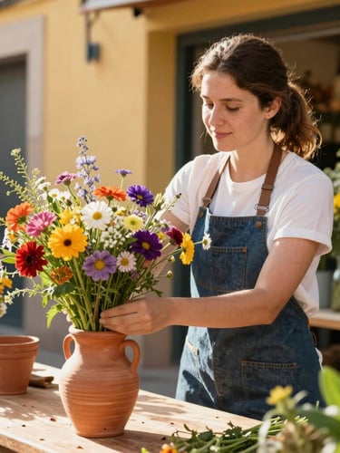 Dynamic portrait of a local florist in Spain arranging colorful wildflowers in a terracotta vase, warm golden hour sunlight, 35mm lens, authentic lifestyle photography.