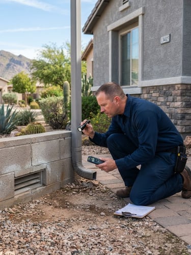 Wide environmental shot of a professional technician in a clean uniform inspecting a suburban West Valley home foundation, bright natural daylight, realistic depth of field, 35mm lens