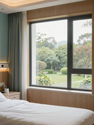 Serene private recovery suite with warm wood accents, large window looking out to a peaceful garden, soft morning light, luxurious and comforting clinical sanctuary