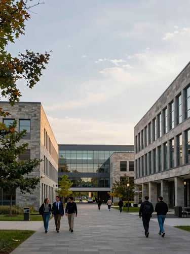 Wide environmental shot of a modern university campus courtyard, academics walking between stone and glass buildings under soft overcast light, trees framing the left edge, generous open sky above, mid-afternoon natural light