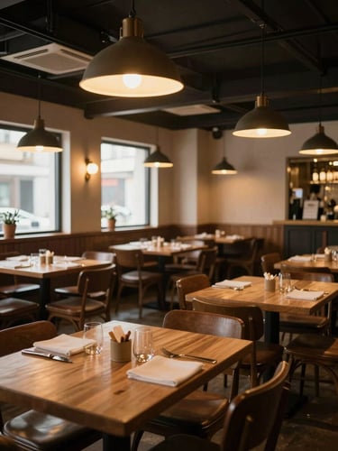 Eye-level wide shot of an empty restaurant dining room, warm ambient pendant lighting over tables set for service, no guests or staff, natural light from side windows supplementing the warm overhead glow, honest and undecorated atmosphere