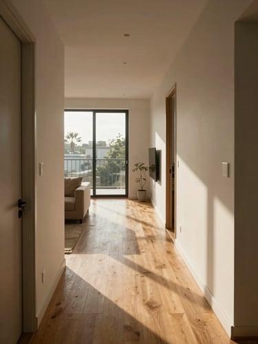 Wide interior corridor of a modern residential property, eye-level shot looking through an open doorway into a sunlit living room, warm afternoon light streaming through floor-to-ceiling windows, hardwood floors, no staging or people, natural and undecorated
