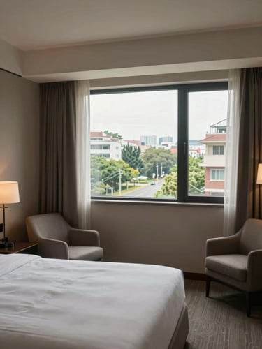 Wide-angle eye-level view of a hotel room looking toward a window with a city or garden view, natural daylight filling the space, bed and furnishings in frame but no guests or staff, honest ambient lighting, no flash