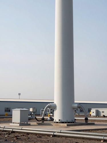 Wide environmental shot of a mid-scale wind turbine base in an industrial plant exterior, natural daylight, close-up of the anchor foundation and cable conduit connections running along the ground, steel-grey equipment surface against a pale sky, no people